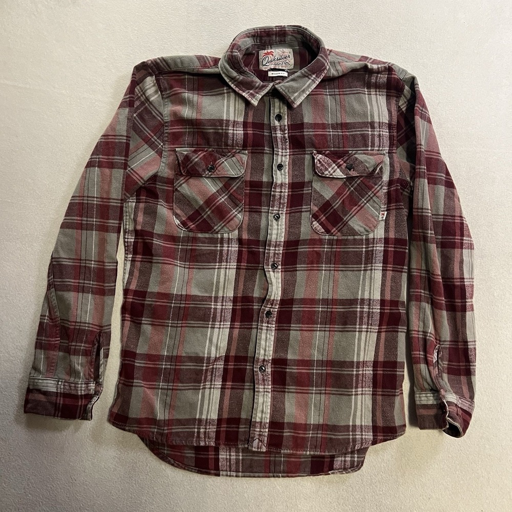 Quiksilver Flannel Shirt Men's Size Medium Plaid Button Up Long Sleeve Gray Red